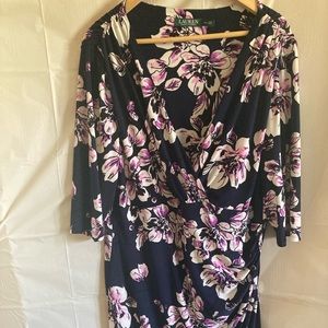 Lauren Ralph Lauren Plus Size Navy Print Faux Wrap Dress